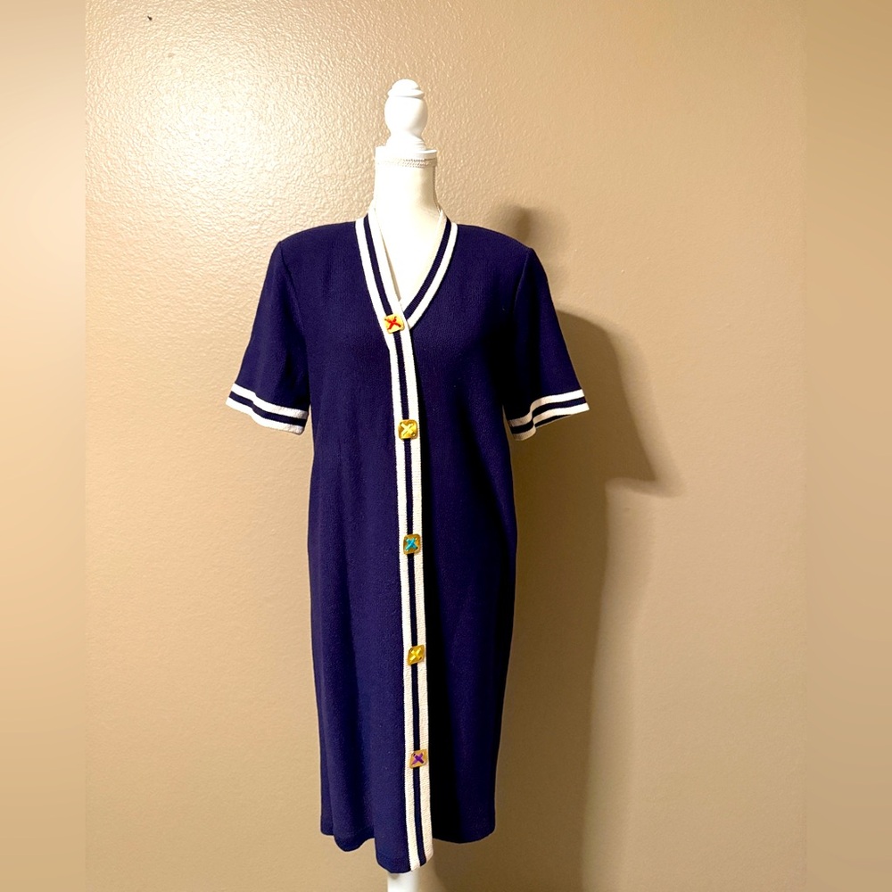 VTG AlNoral by Alspokavicius Navy Blue/White Wool Blend Dress w/Gold Buttons